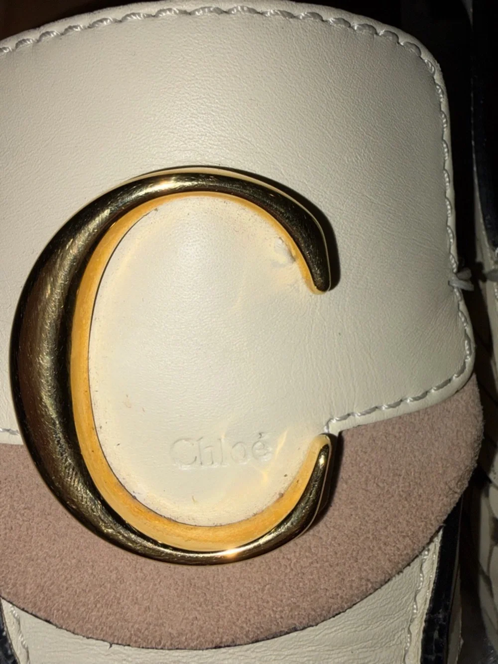 Chloe Cream and Tan Woven Leather Loafers with Gold C Accent - Picture 2 of 8